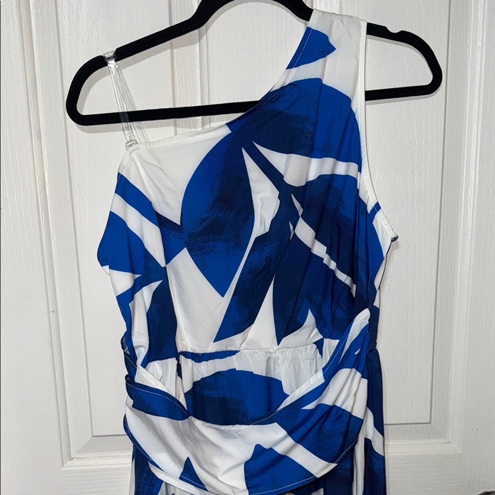 Blue and White One-Shoulder Dress